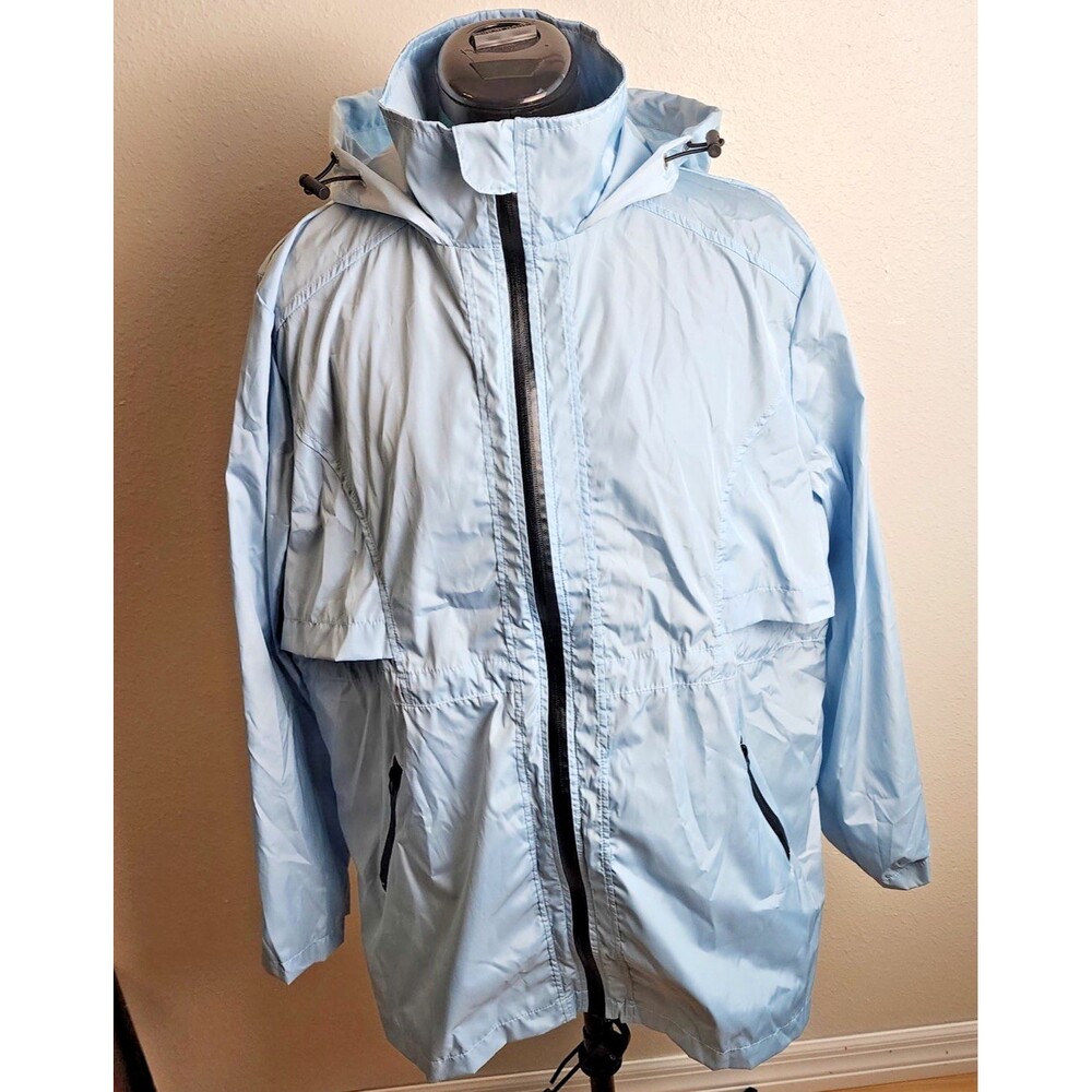 Women's Raincoat Large Light Blue Hooded Waterproof Windbreaker NWT Avoogue